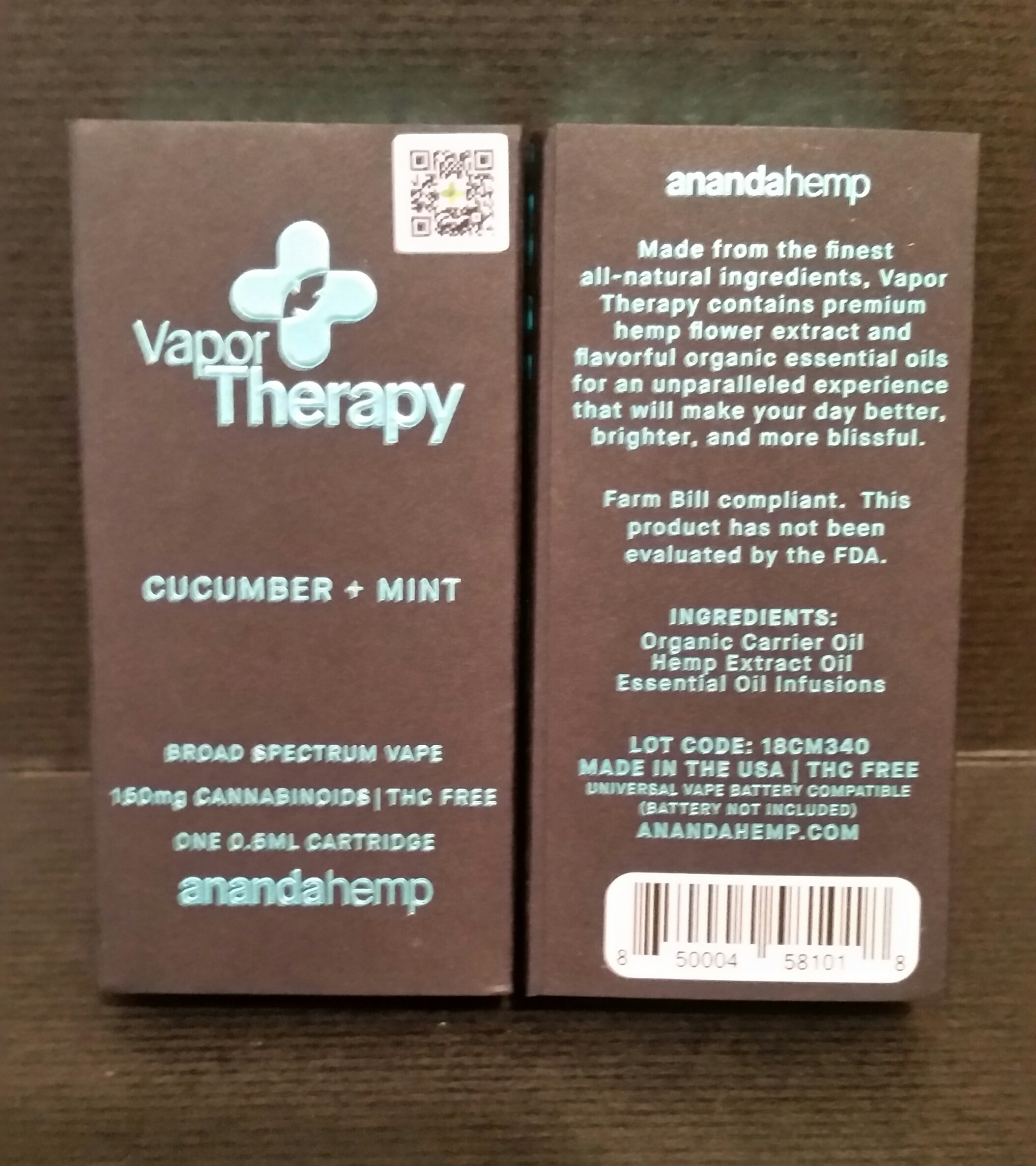 Anandahemp Vapor Therapy Broad Spectrum Vape 150mg Cannabinoids THC Free 1/2 Gram Cartridge CUCUMBER + MINT