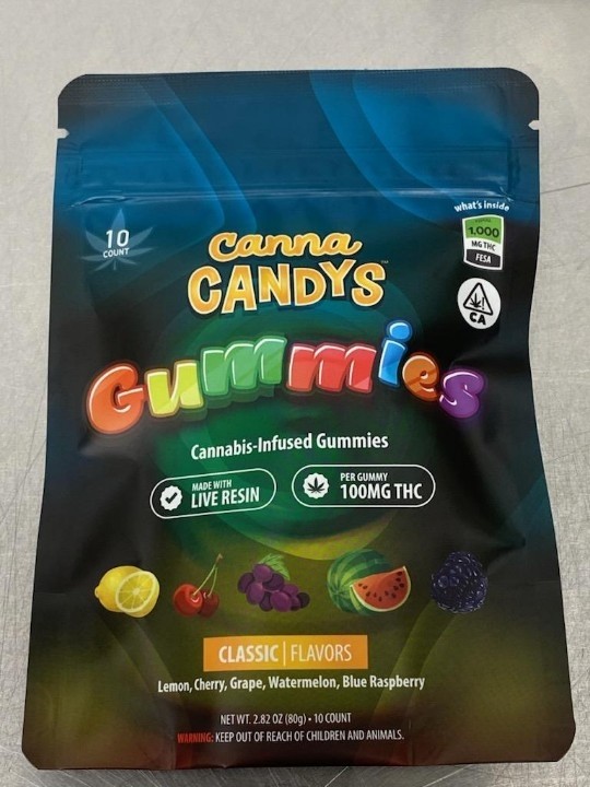 Canna Candys Gummy Bag "Live Resin" Classic Flavors 1000mg THC (10 Count 100mg Per Gummy)
