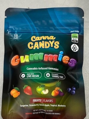 Canna Candys Gummy Bag "Live Resin" Fruity Flavors 1000mg THC (10 Count 100mg Per Gummy)